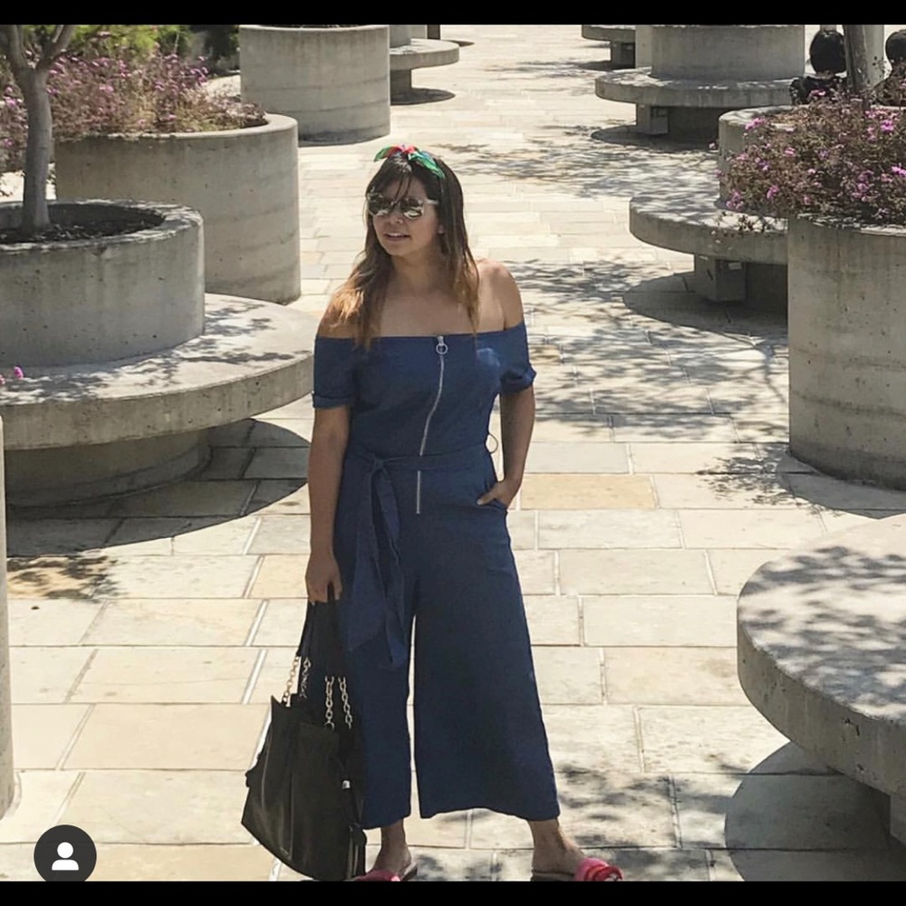 Denim off the shoulder jumpsuit